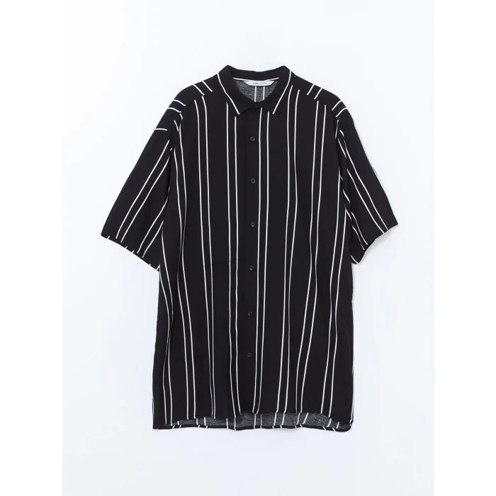 LCW Vision SİYAH Regular Fit Kısa Kollu Çizgili Viskon Erkek Gömlek