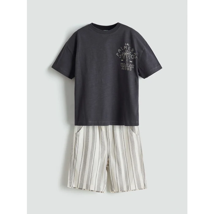 LCW Kids ANTRASİT Bisiklet Yaka Baskılı Erkek Çocuk Tişört ve Şort 2li