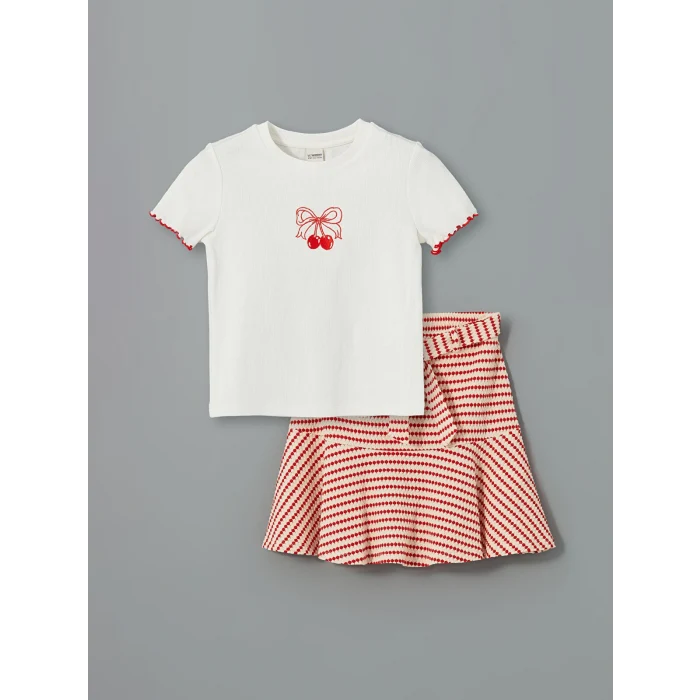 LCW Kids EKRU Kiraz Desenli Kız Çocuk Tişört ve Etek 2li Takım