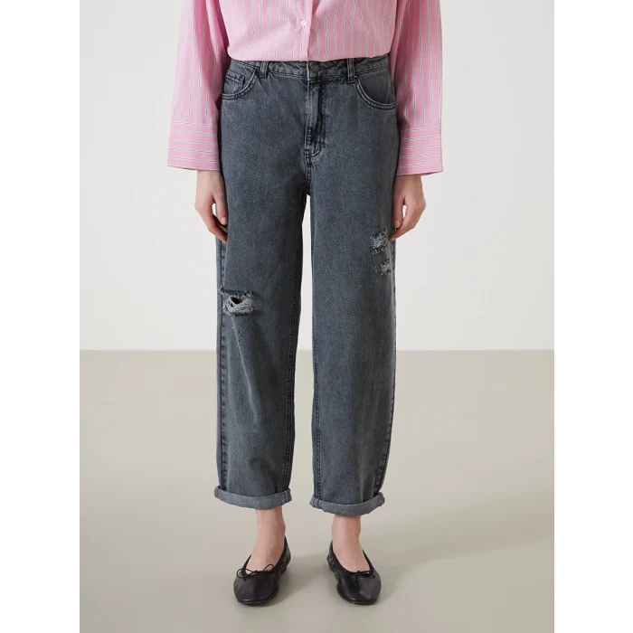 LCW Jeans SİYAH Boyfriend Yırtık Detaylı Kadın Jean Pantolon