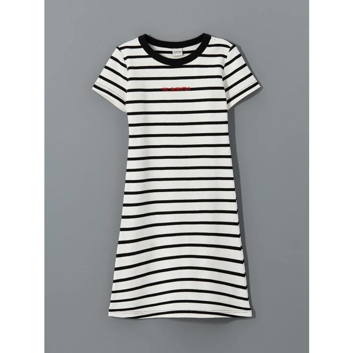 LCW Kids SİYAH Çizgili Nyc Nakışlı Kız Çocuk Kısa Elbise