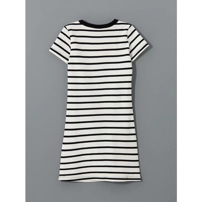 LCW Kids SİYAH Çizgili Nyc Nakışlı Kız Çocuk Kısa Elbise