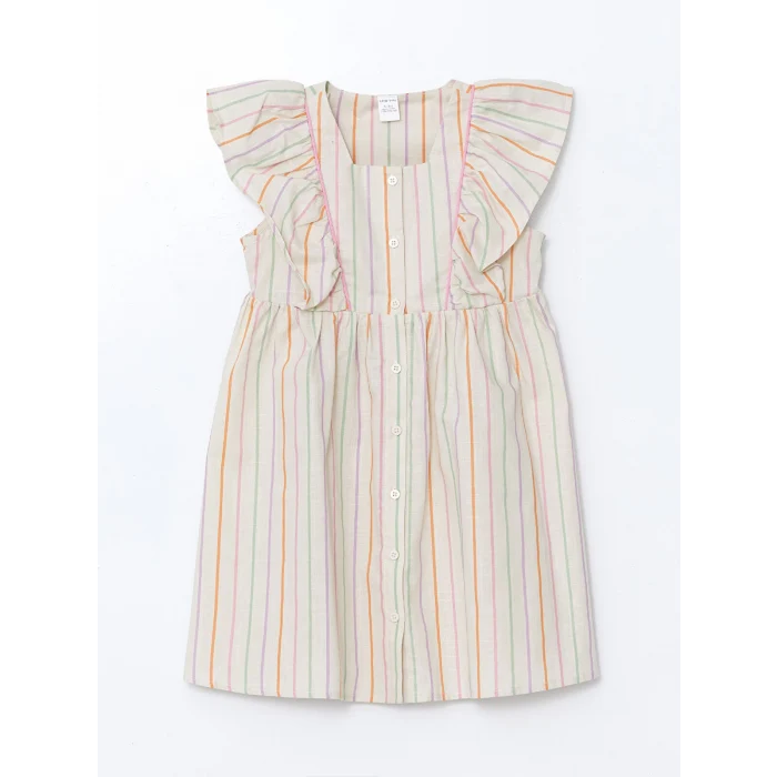 LCW Kids EKRU Çizgili Fırfırlı Kız Çocuk Keten Elbise