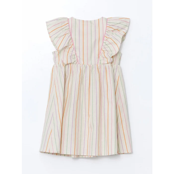 LCW Kids EKRU Çizgili Fırfırlı Kız Çocuk Keten Elbise