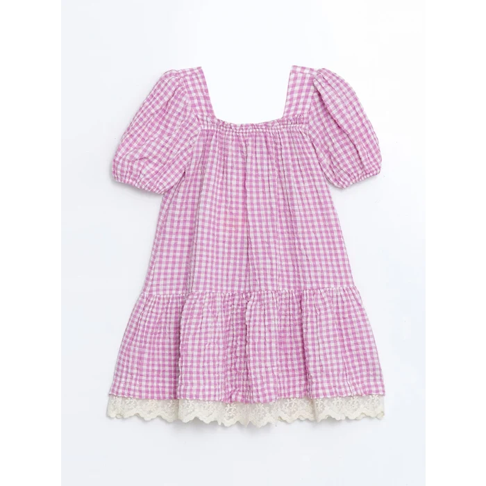 LCW Kids PEMBE Ekoseli Dantel Detaylı Kız Çocuk Elbise