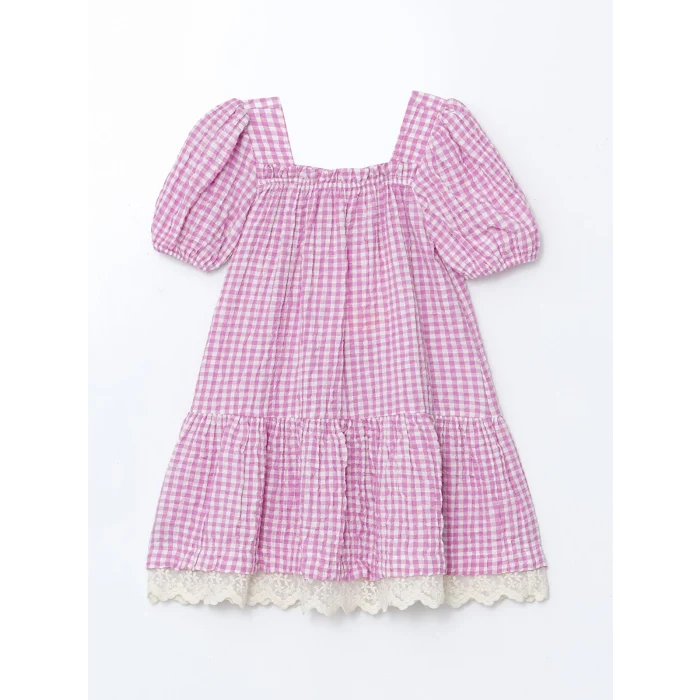 LCW Kids PEMBE Ekoseli Dantel Detaylı Kız Çocuk Elbise