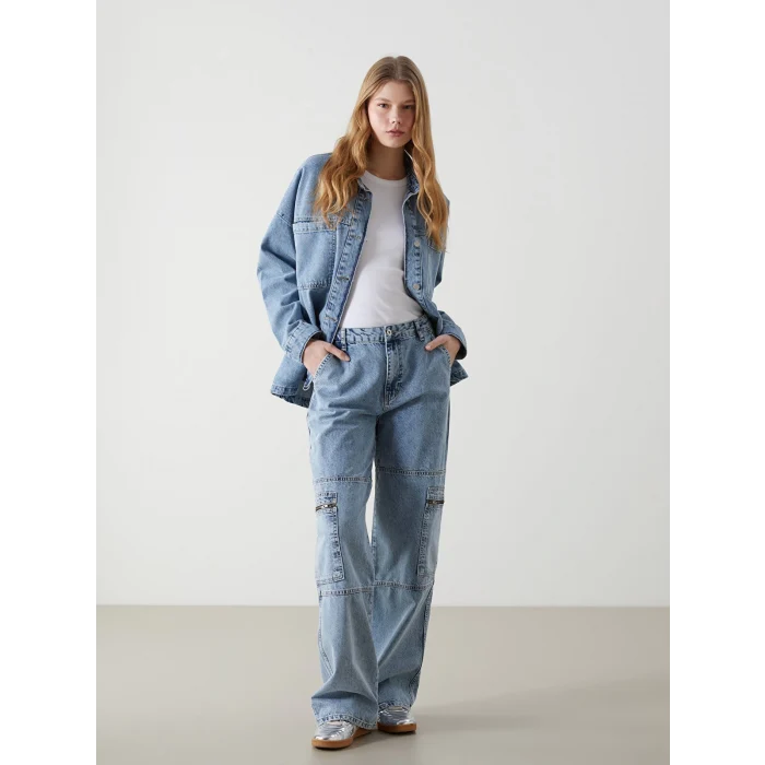 XSIDE MAVİ Yüksek Bel Wideleg Kadın Kargo Jean Pantolon