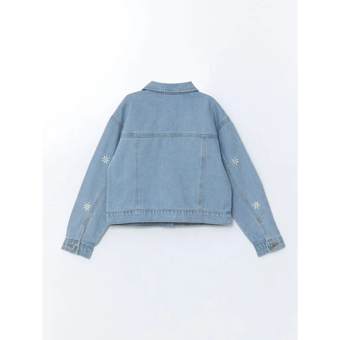 LCW Kids İNDİGO Gömlek Yaka Çiçek Nakışlı Kız Çocuk jean Ceket