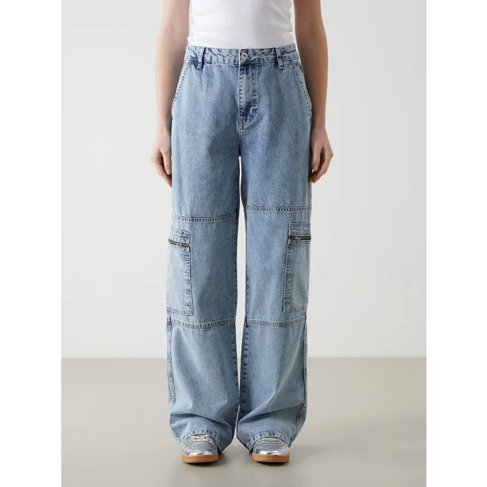 XSIDE MAVİ Yüksek Bel Wideleg Kadın Kargo Jean Pantolon