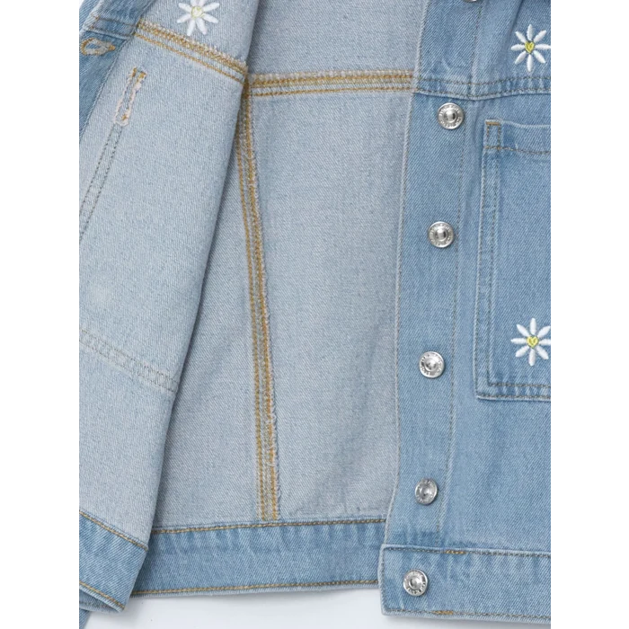 LCW Kids İNDİGO Gömlek Yaka Çiçek Nakışlı Kız Çocuk jean Ceket