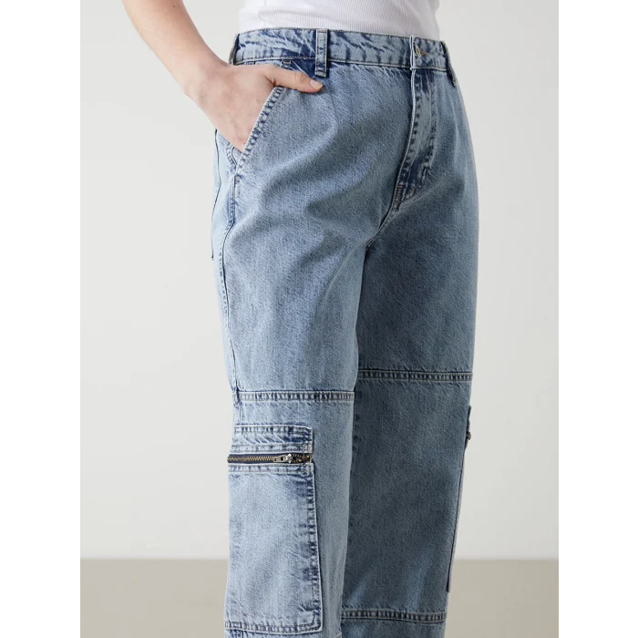 XSIDE MAVİ Yüksek Bel Wideleg Kadın Kargo Jean Pantolon