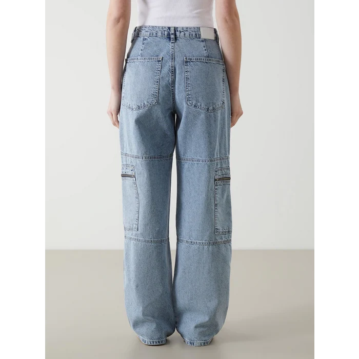 XSIDE MAVİ Yüksek Bel Wideleg Kadın Kargo Jean Pantolon