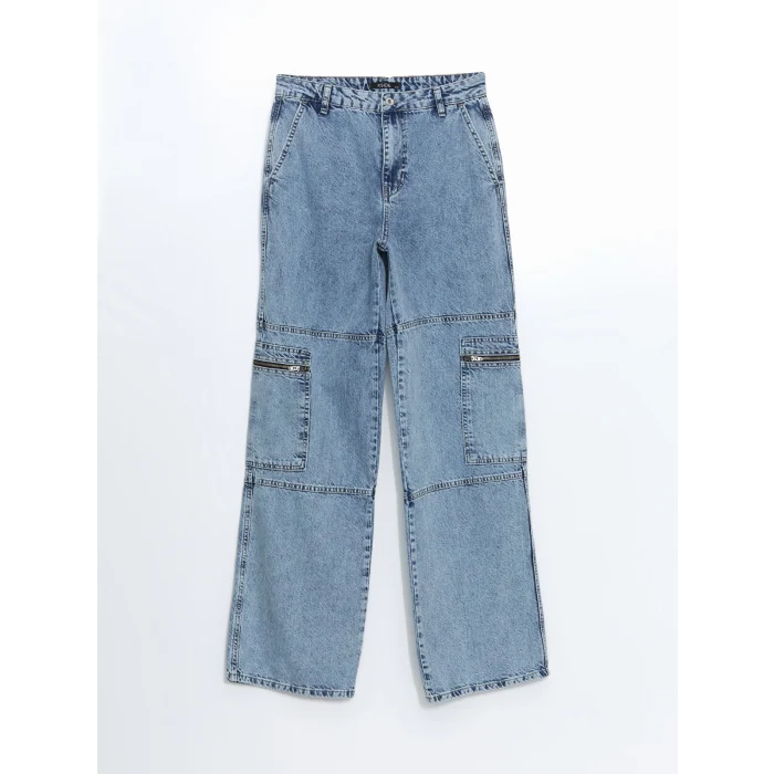 XSIDE MAVİ Yüksek Bel Wideleg Kadın Kargo Jean Pantolon