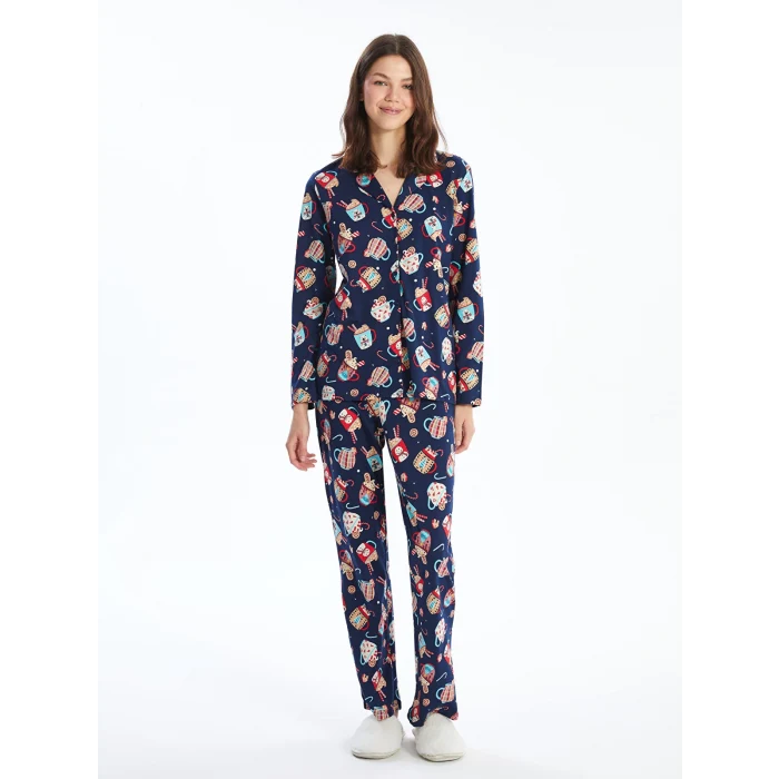 LCW Young LACİVERT Gömlek Yaka Baskılı Kadın Pijama Takımı