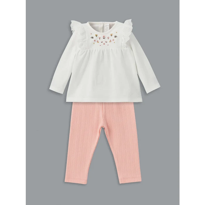 LCW baby EKRU Bisiklet Yaka Çiçekli Kız Bebek Bluz ve Tayt 2li