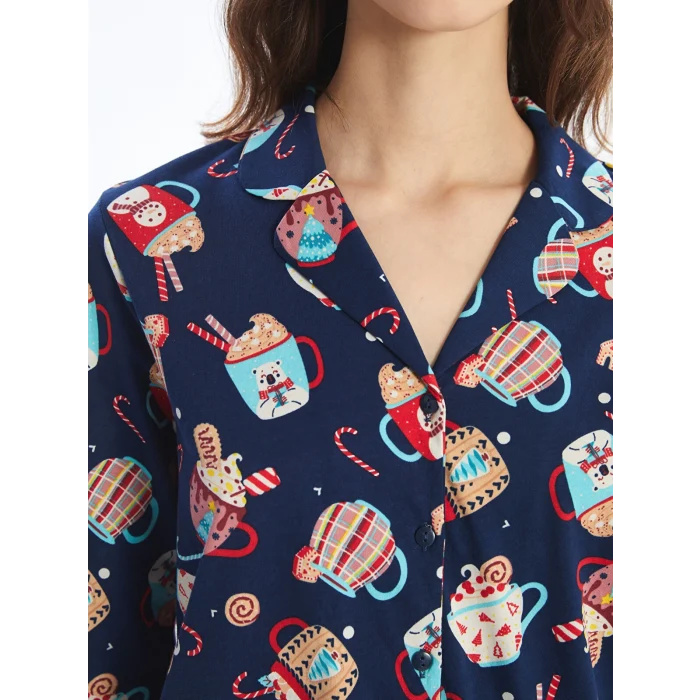 LCW Young LACİVERT Gömlek Yaka Baskılı Kadın Pijama Takımı
