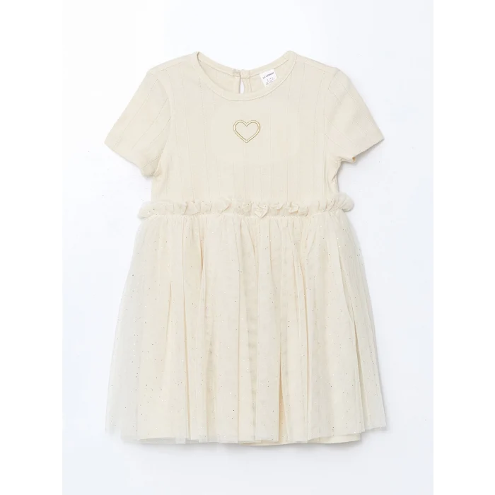 LCW Kids BEJ Nakışlı Penye Tüllü Kız Çocuk Elbise