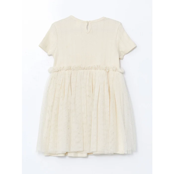LCW Kids BEJ Nakışlı Penye Tüllü Kız Çocuk Elbise