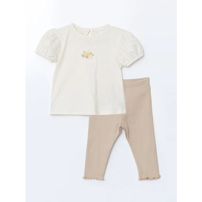 LCW baby EKRU Nakışlı Kız Bebek Tişört ve Eşofman Altı 2li