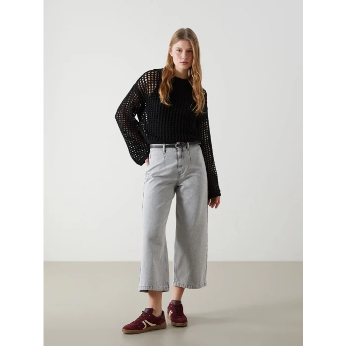 XSIDE GRİ Beli Kemerli Wideleg Kadın Jean Pantolon