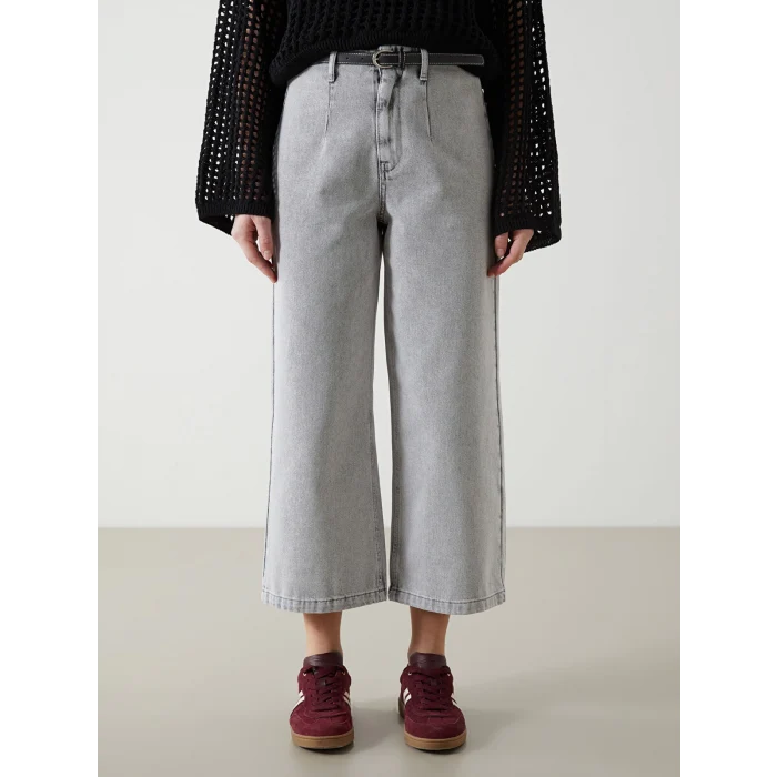 XSIDE GRİ Beli Kemerli Wideleg Kadın Jean Pantolon