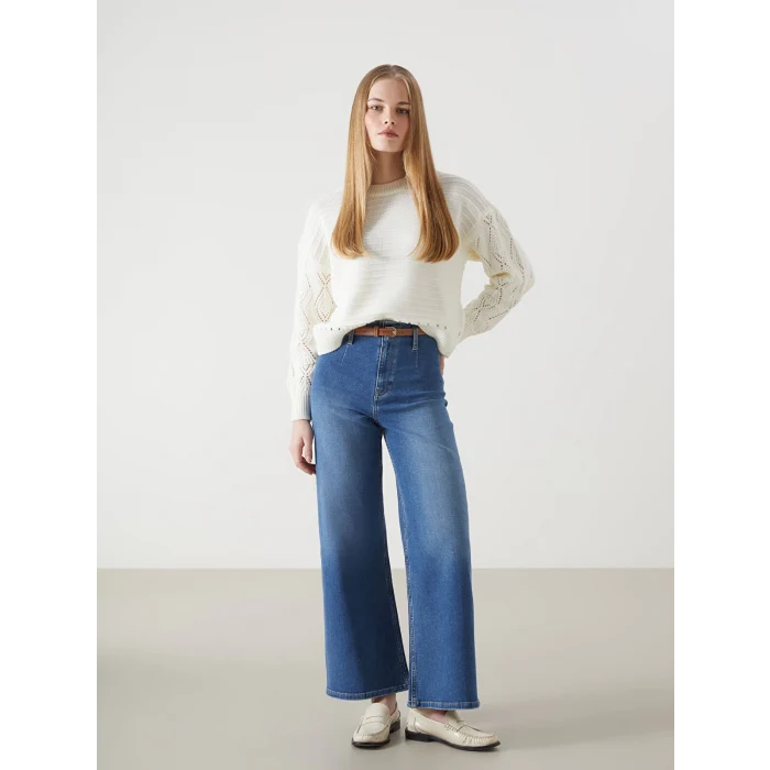 LCW Jeans İNDİGO Beli Kemerli Wideleg Kadın Jean Pantolon