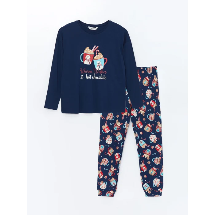 LCW Young LACİVERT Bisiklet Yaka Baskılı Kadın Pijama Takımı