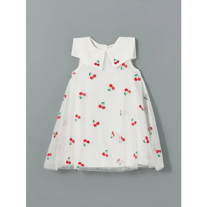 LCW Kids EKRU Kiraz Baskılı Tüllü Kız Çocuk Elbise