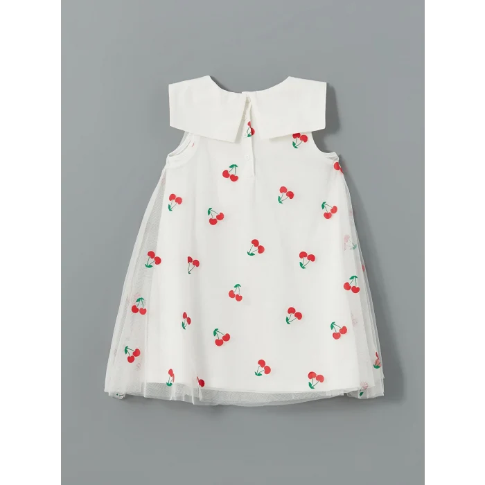 LCW Kids EKRU Kiraz Baskılı Tüllü Kız Çocuk Elbise