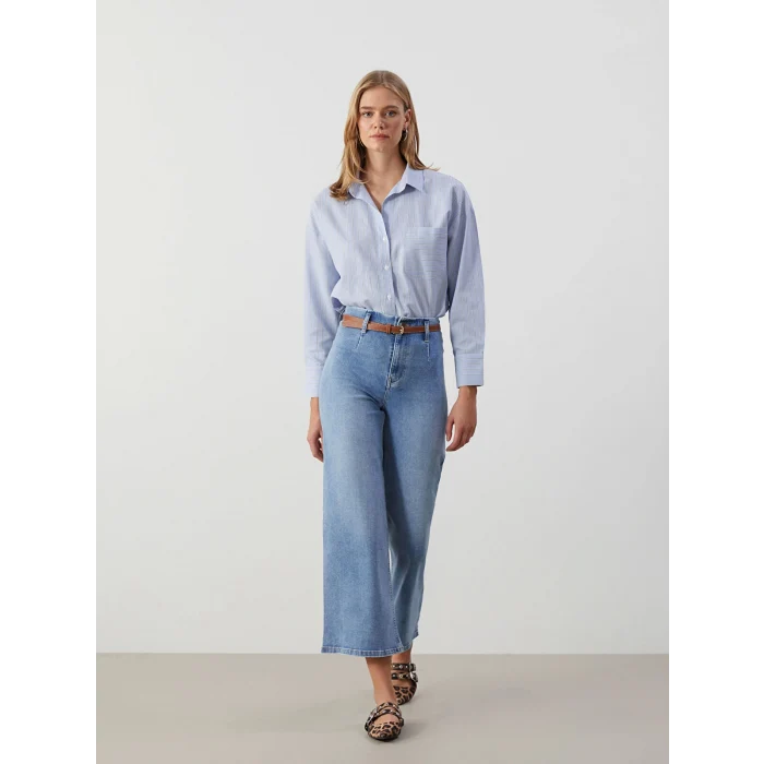 LCW Jeans İNDİGO Beli Kemerli Wideleg Kadın Jean Pantolon