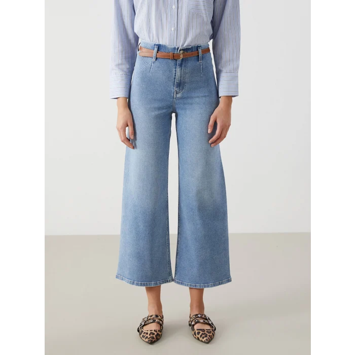 LCW Jeans İNDİGO Beli Kemerli Wideleg Kadın Jean Pantolon