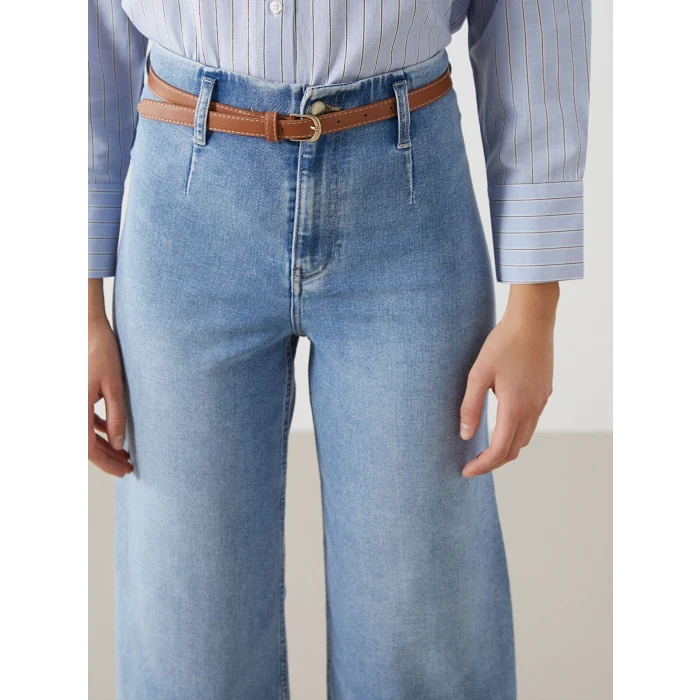 LCW Jeans İNDİGO Beli Kemerli Wideleg Kadın Jean Pantolon