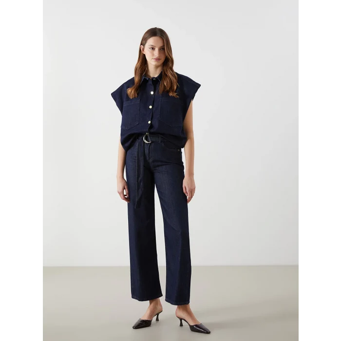 LCW Jeans İNDİGO Beli Kemerli Wideleg Kadın Jean Pantolon