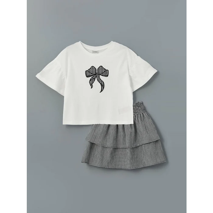 LCW Kids EKRU Bisiklet Yaka Kurdele Nakışlı Kız Çocuk Tişört ve Etek
