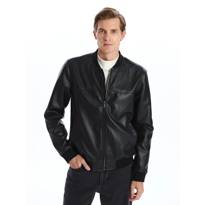 LCWAIKIKI Classic SİYAH Standart Kalıp Kolej Yaka Erkek Deri Görünümlü Mont