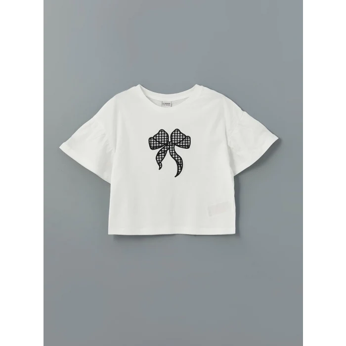 LCW Kids EKRU Bisiklet Yaka Kurdele Nakışlı Kız Çocuk Tişört ve Etek