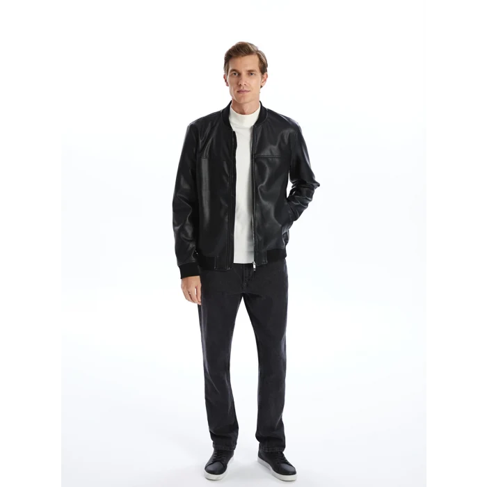 LCWAIKIKI Classic SİYAH Standart Kalıp Kolej Yaka Erkek Deri Görünümlü Mont