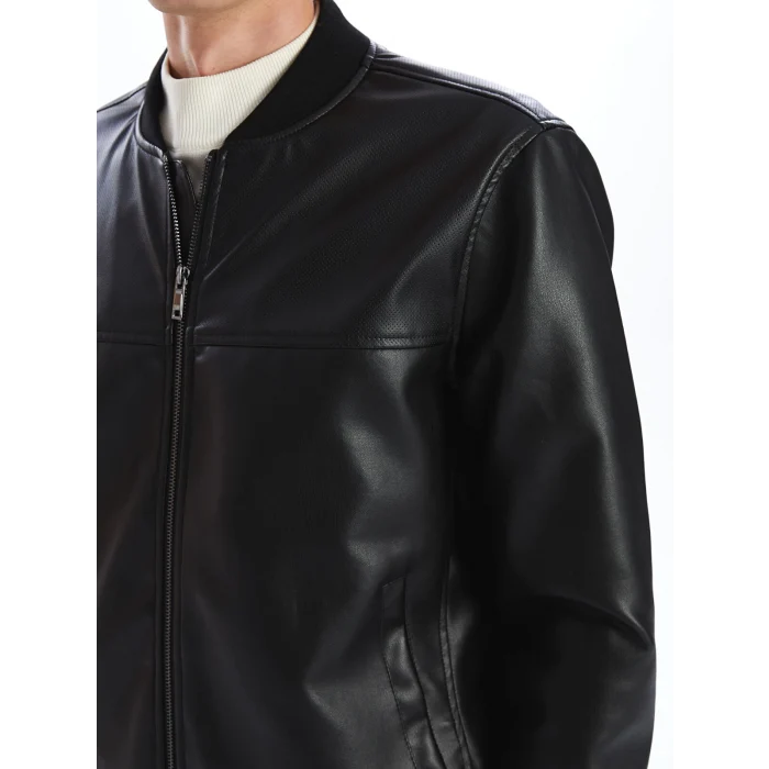 LCWAIKIKI Classic SİYAH Standart Kalıp Kolej Yaka Erkek Deri Görünümlü Mont