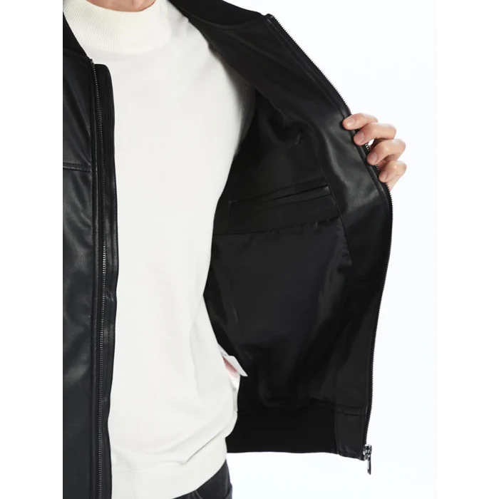 LCWAIKIKI Classic SİYAH Standart Kalıp Kolej Yaka Erkek Deri Görünümlü Mont