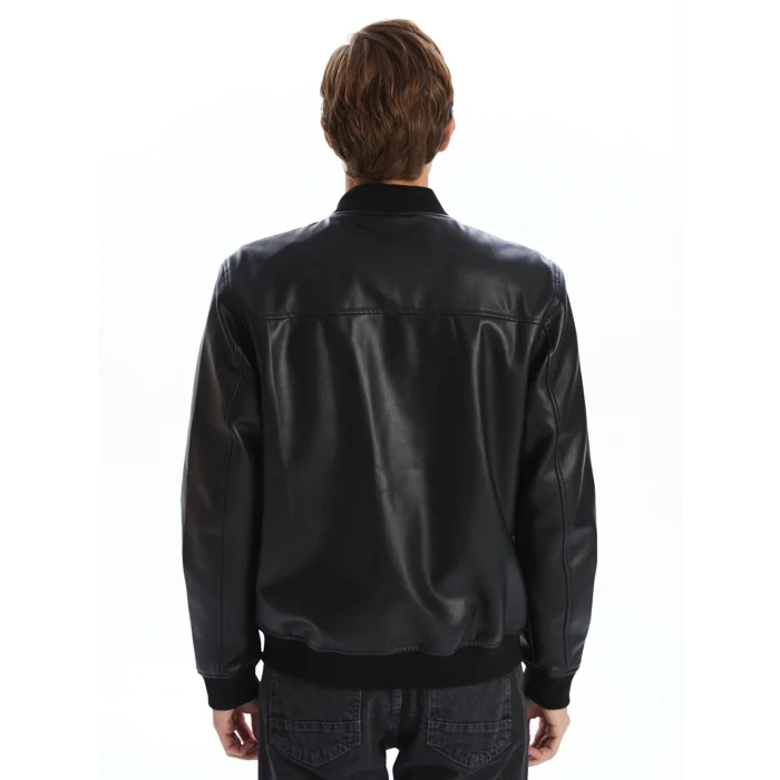 LCWAIKIKI Classic SİYAH Standart Kalıp Kolej Yaka Erkek Deri Görünümlü Mont