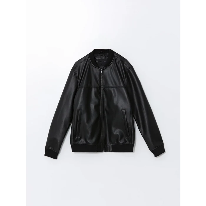 LCWAIKIKI Classic SİYAH Standart Kalıp Kolej Yaka Erkek Deri Görünümlü Mont