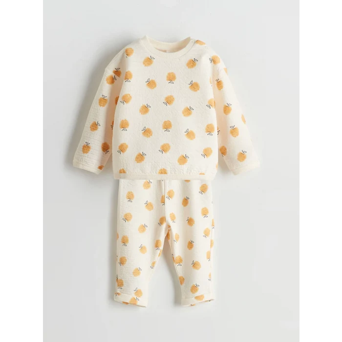 LCW Kids BEJ Bisiklet Yaka Baskılı Kız Çocuk Sweatshirt ve Eşofman Alt 2li