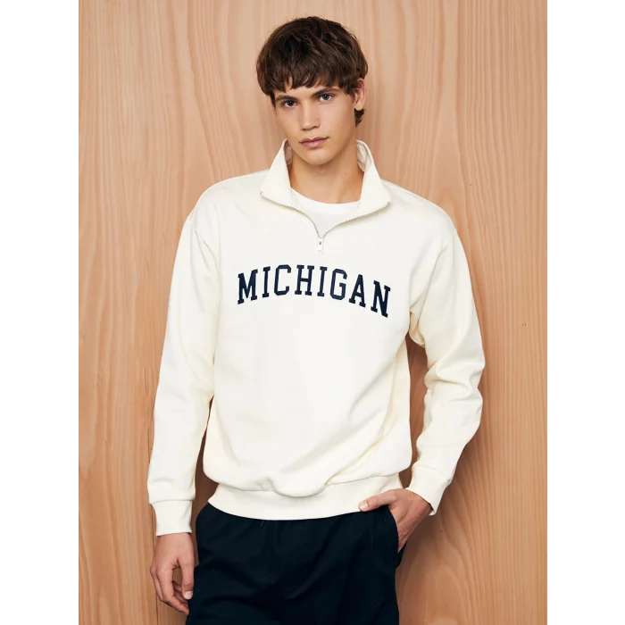 XSIDE BEJ Dik Yaka Uzun Kollu Nakışlı Erkek Kalın Sweatshirt