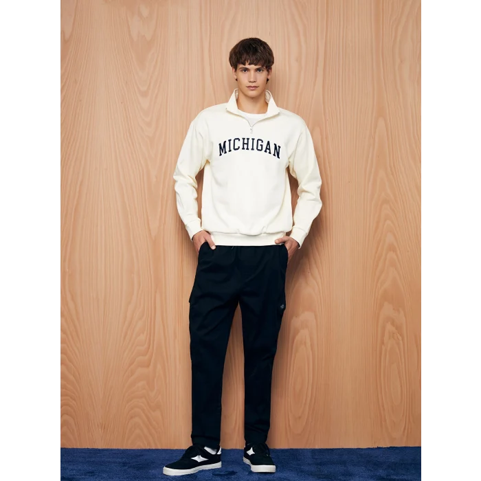 XSIDE BEJ Dik Yaka Uzun Kollu Nakışlı Erkek Kalın Sweatshirt