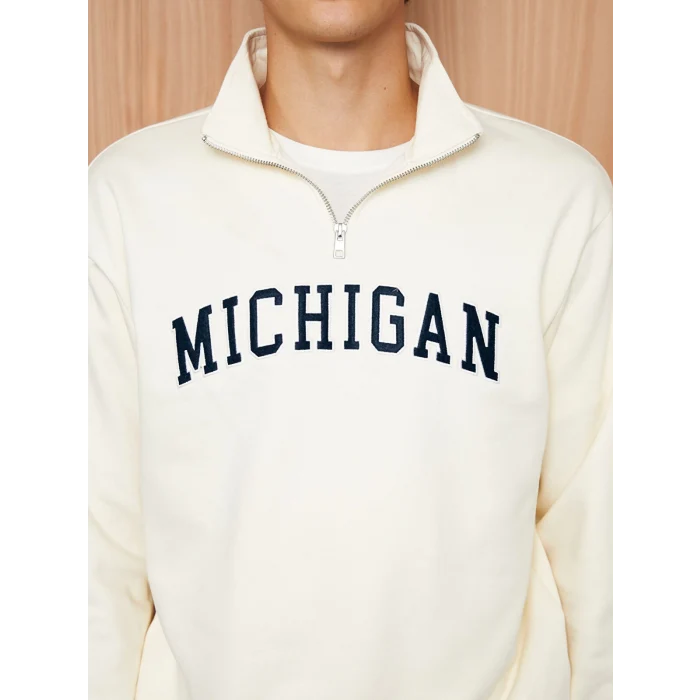 XSIDE BEJ Dik Yaka Uzun Kollu Nakışlı Erkek Kalın Sweatshirt