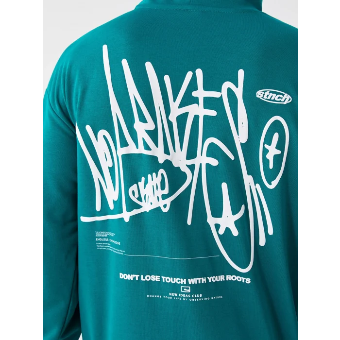 LCW Casual YEŞİL Uzun Kollu Baskılı Erkek Hoodie