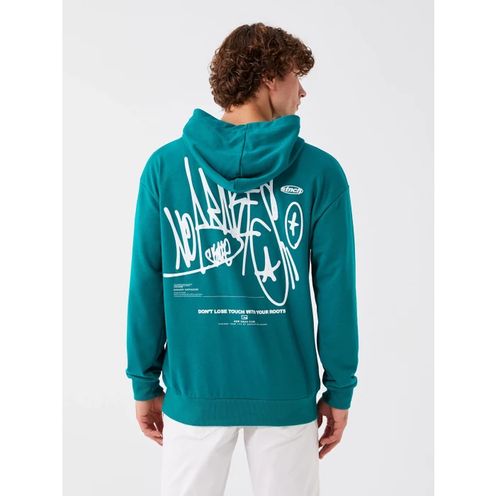 LCW Casual YEŞİL Uzun Kollu Baskılı Erkek Hoodie
