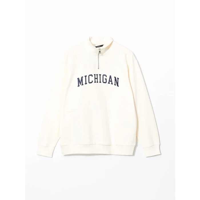 XSIDE BEJ Dik Yaka Uzun Kollu Nakışlı Erkek Kalın Sweatshirt