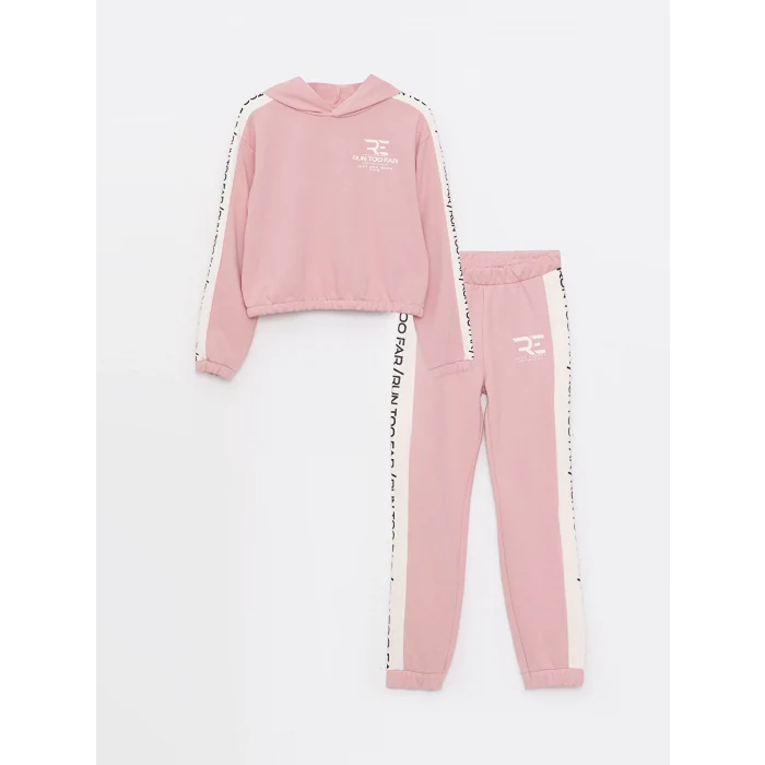 LCW Kids PEMBE Kapüşonlu Baskılı Uzun Kollu Kız Çocuk Sweatshirt ve Eşofman Altı