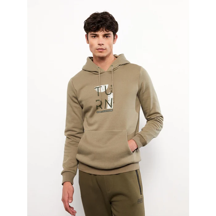 LCW Casual HAKİ Uzun Kollu Baskılı Erkek Kalın Hoodie